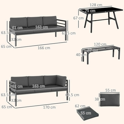 Outsunny 4 Piece L-shaped Garden Furniture Set 8-Seater Aluminium Outdoor Dining Set Conversation Sofa Set w/ Bench, Dining Table & Cushions, Grey 2