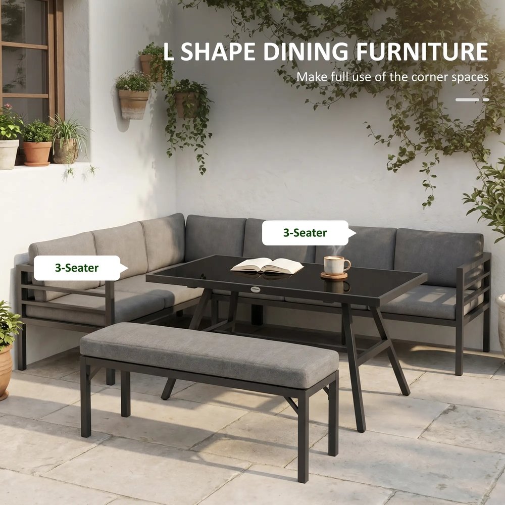 Outsunny 4 Piece L-shaped Garden Furniture Set 8-Seater Aluminium Outdoor Dining Set Conversation Sofa Set w/ Bench, Dining Table & Cushions, Grey 3