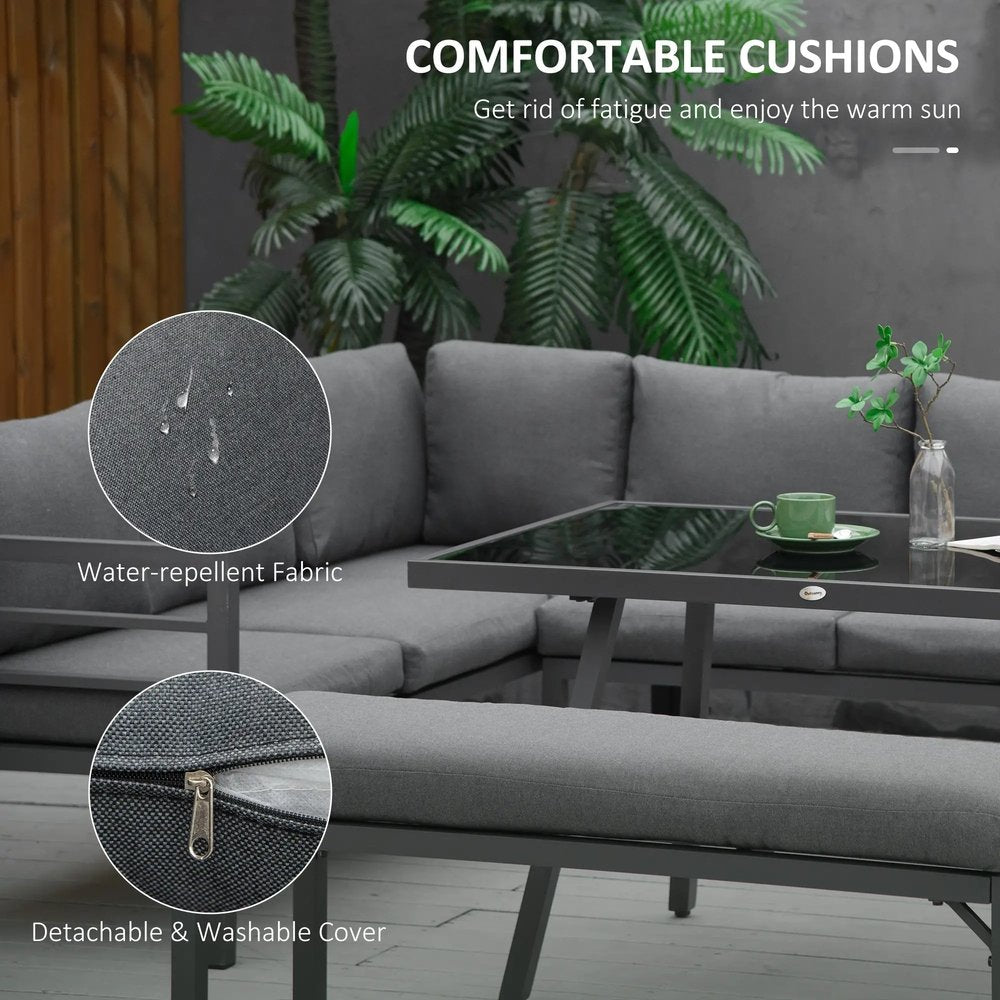Outsunny 4 Piece L-shaped Garden Furniture Set 8-Seater Aluminium Outdoor Dining Set Conversation Sofa Set w/ Bench, Dining Table & Cushions, Grey 4