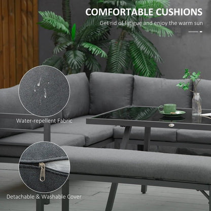 Outsunny 4 Piece L-shaped Garden Furniture Set 8-Seater Aluminium Outdoor Dining Set Conversation Sofa Set w/ Bench, Dining Table & Cushions, Grey 4