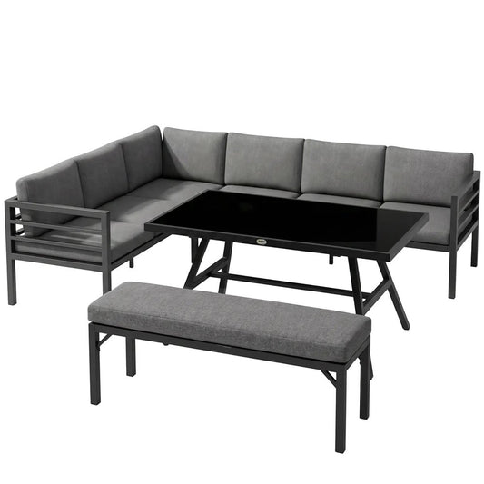 Outsunny 4 Piece L-shaped Garden Furniture Set 8-Seater Aluminium Outdoor Dining Set Conversation Sofa Set w/ Bench, Dining Table & Cushions, Grey 