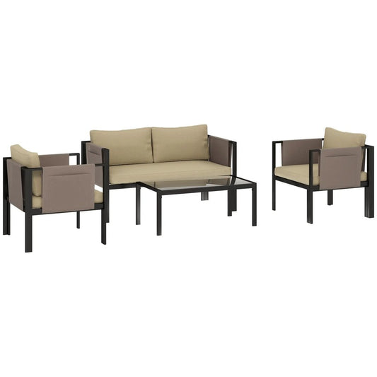 Outsunny 4 Piece Metal Garden Furniture Set with Tempered Glass Coffee Table, Texteline Pocket, Outdoor Set Loveseat Single Armchairs with Padded Cushions 