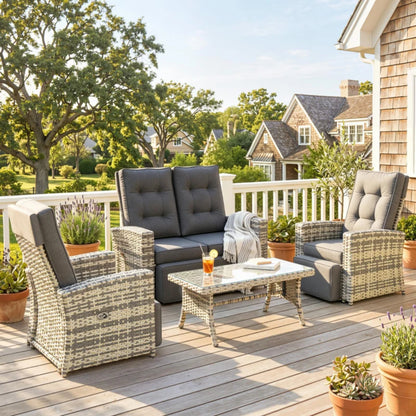 Outsunny 4 Piece Rattan Garden Furniture Set Outdoor Sofa Sectional Set with Glass Top Table for Poolside