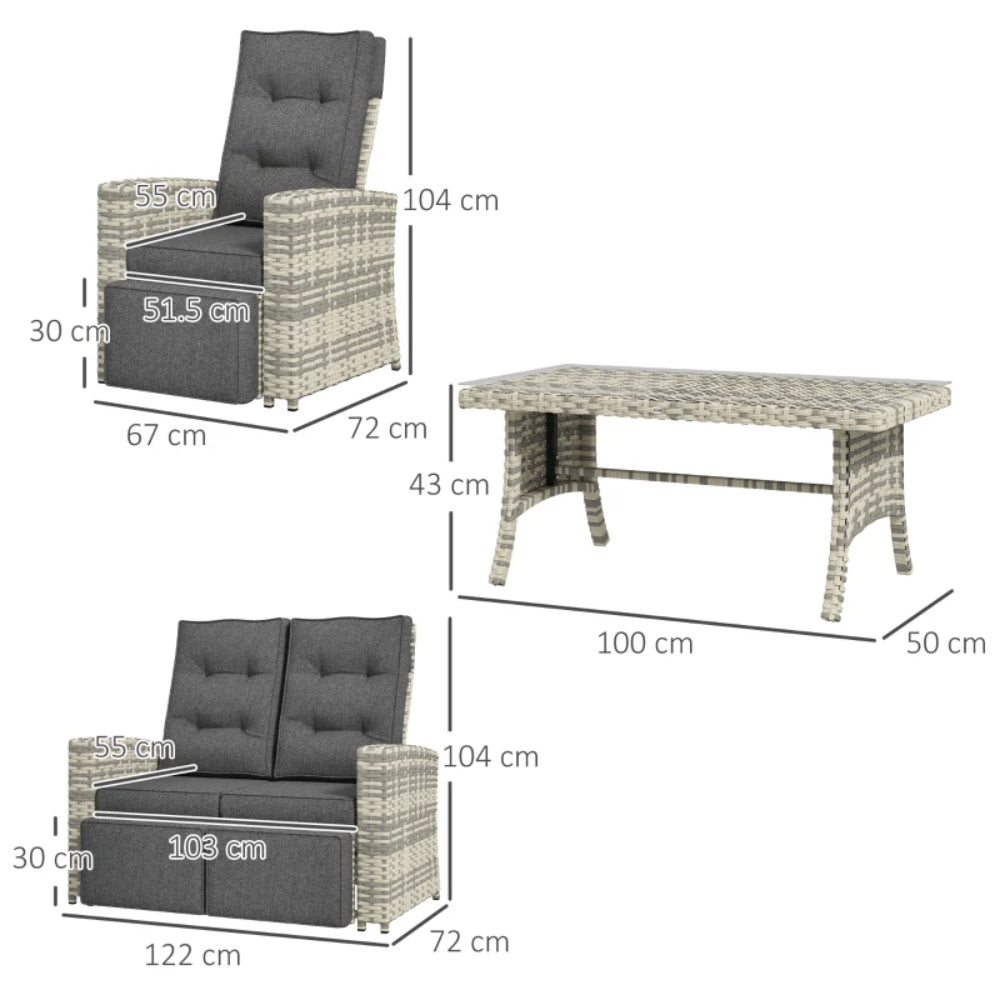 Outsunny 4 Piece Rattan Garden Furniture Set Outdoor Sofa Sectional Set with Glass Top Table for Poolside