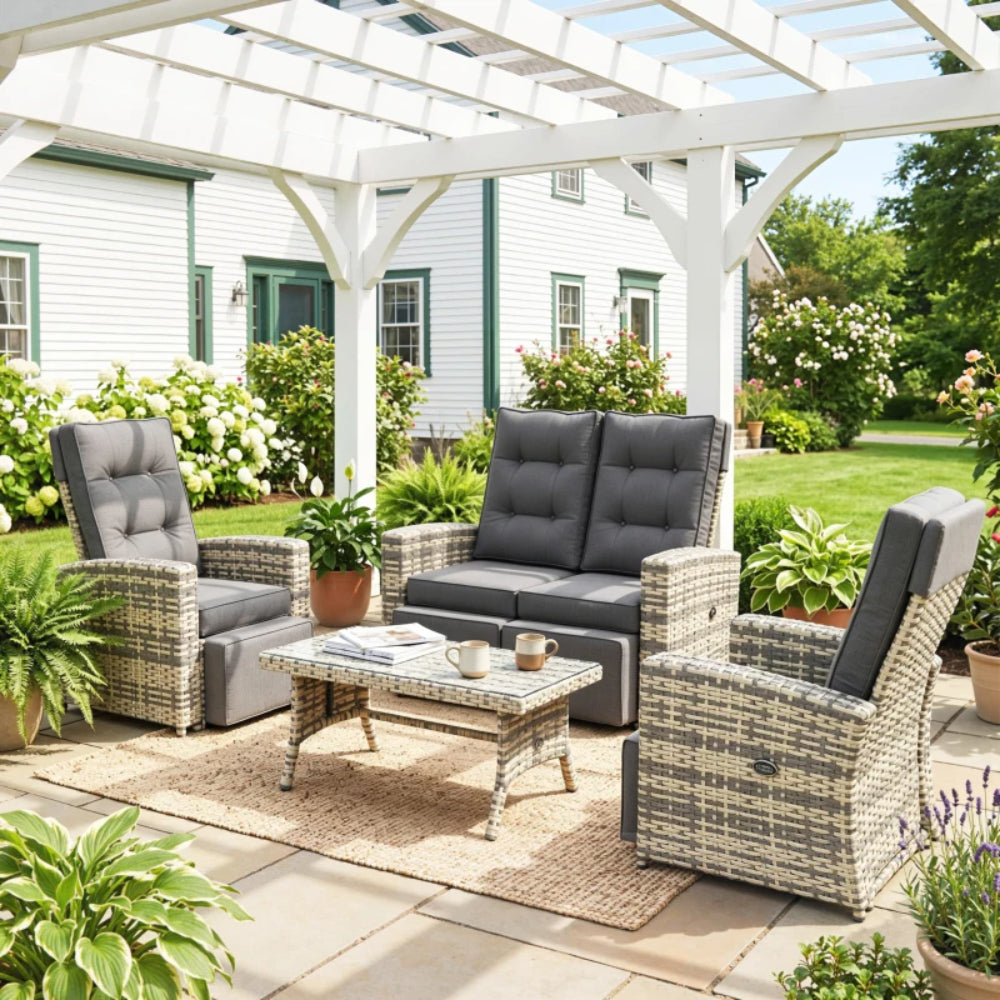 Outsunny 4 Piece Rattan Garden Furniture Set Outdoor Sofa Sectional Set with Glass Top Table for Poolside