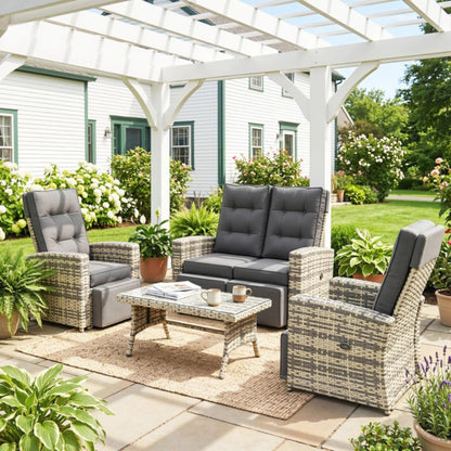Outsunny 4 Piece Rattan Garden Furniture Set Outdoor Sofa Sectional Set with Glass Top Table for Poolside