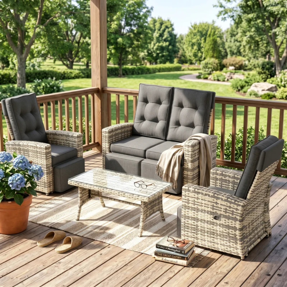 Outsunny 4 Piece Rattan Garden Furniture Set Outdoor Sofa Sectional Set with Glass Top Table for Poolside