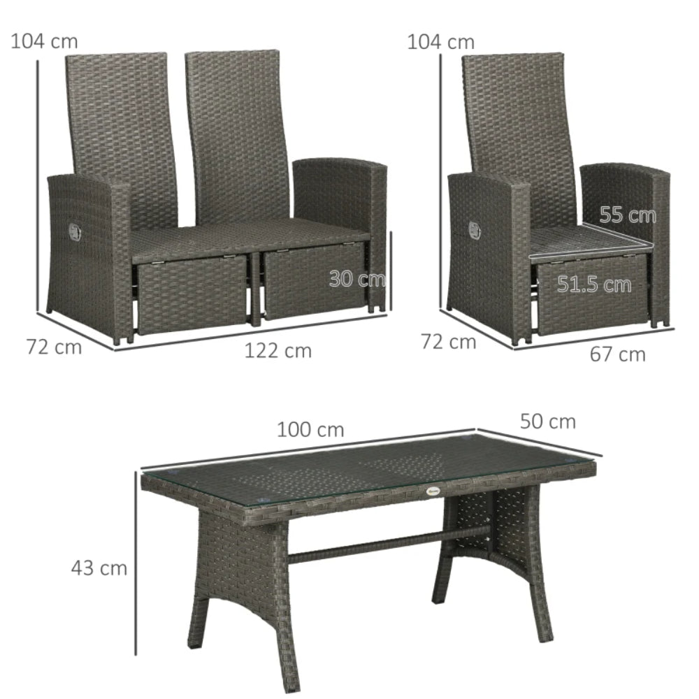 Outsunny 4 Piece Rattan Garden Furniture Set Outdoor Sofa Sectional Set with Glass Top Table for Poolside