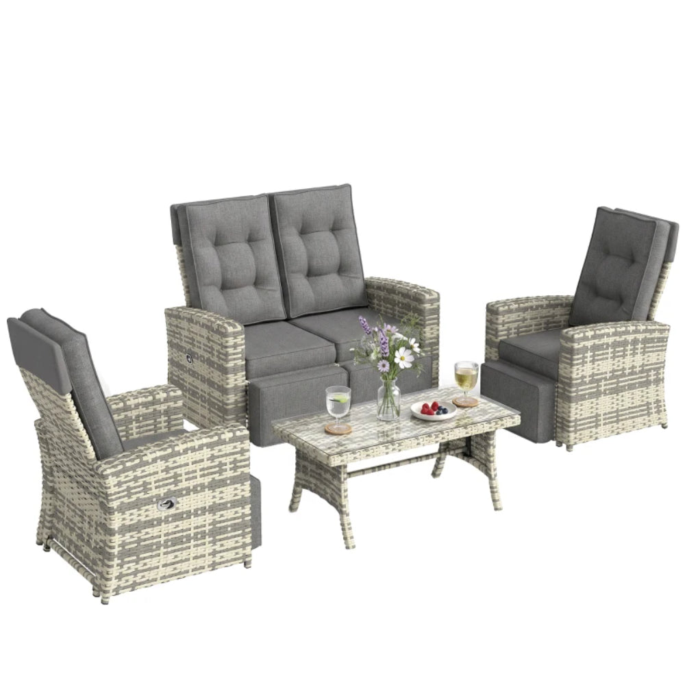 Outsunny 4 Piece Rattan Garden Furniture Set Outdoor Sofa Sectional Set with Glass Top Table for Poolside