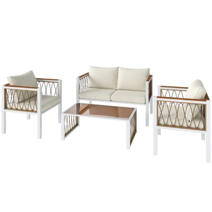 Outsunny 4 Piece Rattan Garden Furniture Set with Loveseat, 2 Armchairs, Cream White