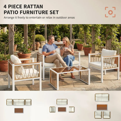 Outsunny 4 Piece Rattan Garden Furniture Set with Loveseat, 2 Armchairs, Cream White