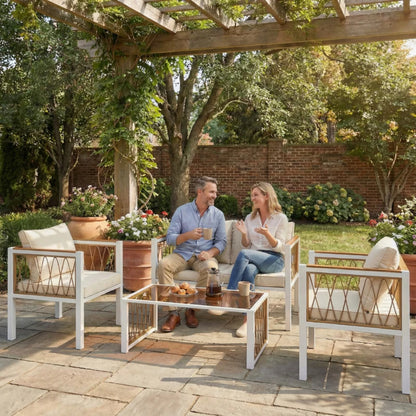 Outsunny 4 Piece Rattan Garden Furniture Set with Loveseat, 2 Armchairs, Cream White