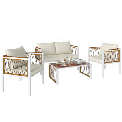 Outsunny 4 Piece Rattan Garden Furniture Set with Loveseat, 2 Armchairs, Cream White