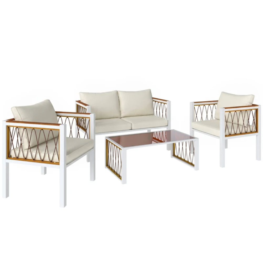 Outsunny 4 Piece Rattan Garden Furniture Set with Loveseat, 2 Armchairs, Cream White