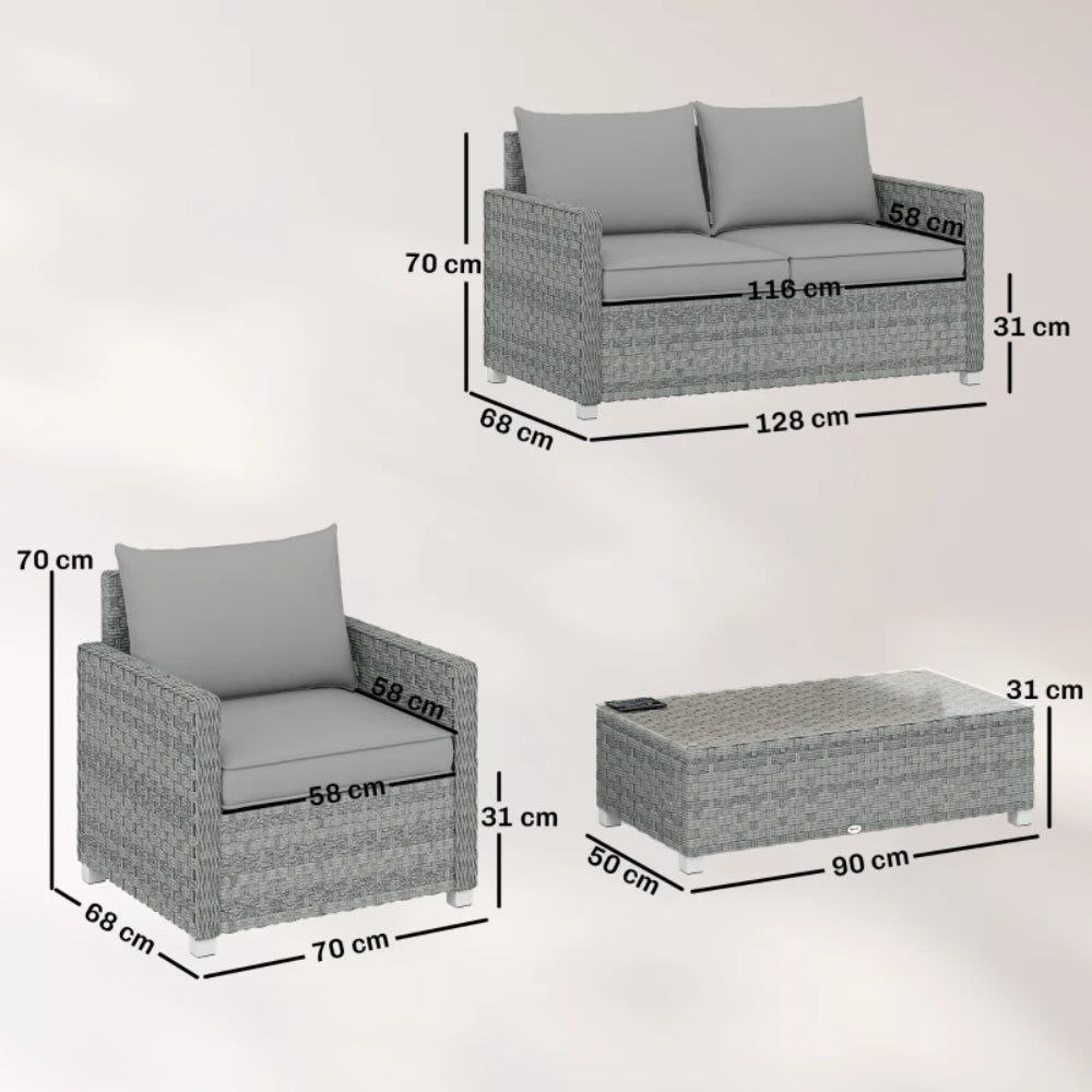 Outsunny 4 Piece Rattan Garden Furniture Set with Loveseat, 2 Armchairs, Glass-Top Table, Wicker Patio Conversation Set, Grey