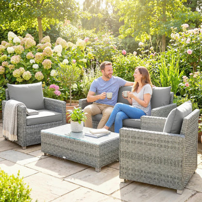 Outsunny 4 Piece Rattan Garden Furniture Set with Loveseat, 2 Armchairs, Glass-Top Table, Wicker Patio Conversation Set, Grey