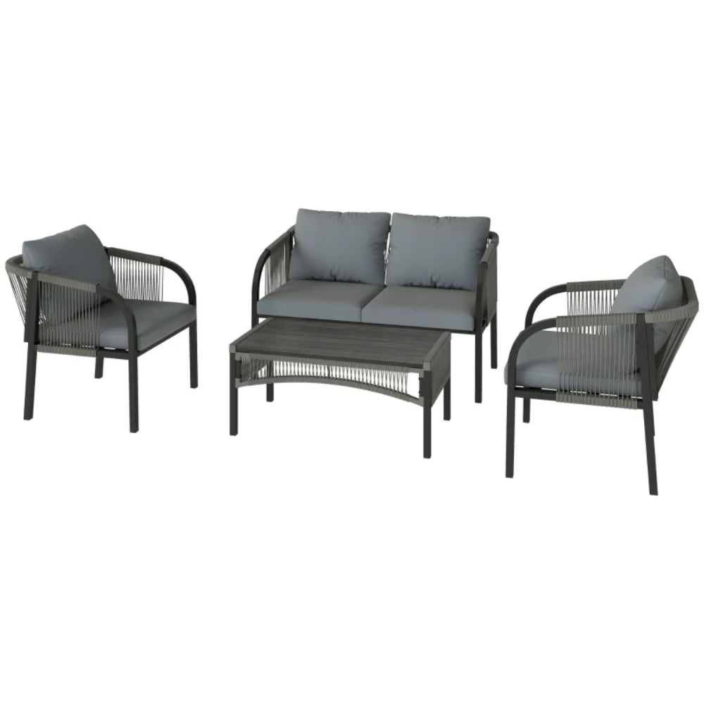 Outsunny 4 Piece Rattan Garden Furniture Set with Loveseat, Armchairs, Table, Steel Frame Wicker Patio Conversation Set, Grey
