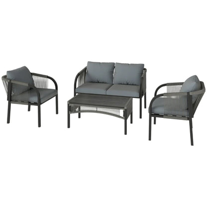 Outsunny 4 Piece Rattan Garden Furniture Set with Loveseat, Armchairs, Table, Steel Frame Wicker Patio Conversation Set, Grey