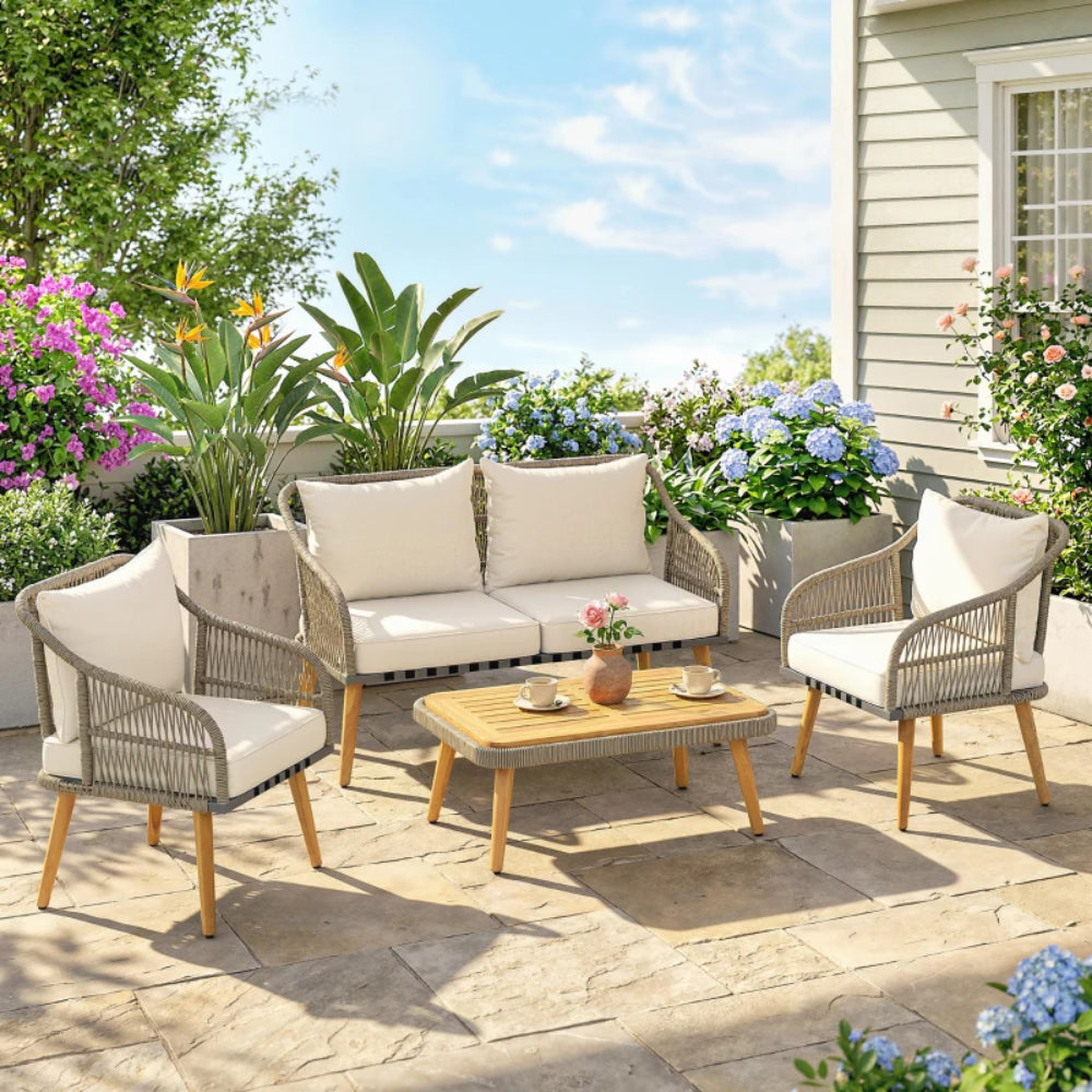 Outsunny 4 Piece Rattan Garden Furniture Set with Loveseat, Armchairs, Wood Table, Wicker Patio Conversation Set