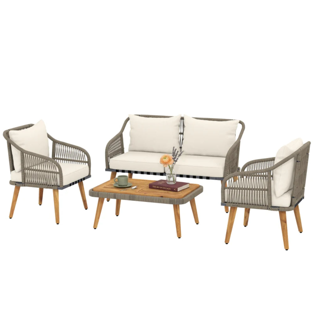 Outsunny 4 Piece Rattan Garden Furniture Set with Loveseat, Armchairs, Wood Table, Wicker Patio Conversation Set