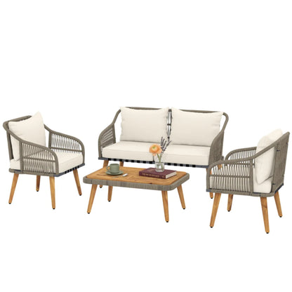 Outsunny 4 Piece Rattan Garden Furniture Set with Loveseat, Armchairs, Wood Table, Wicker Patio Conversation Set