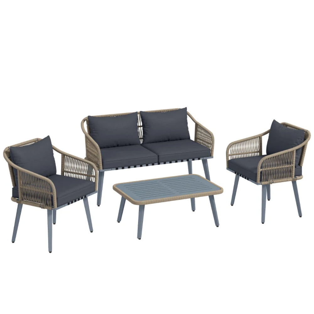 Outsunny 4 Piece Rattan Garden Furniture Set with Loveseat, Armchairs, Wood Table, Wicker Patio Conversation Set