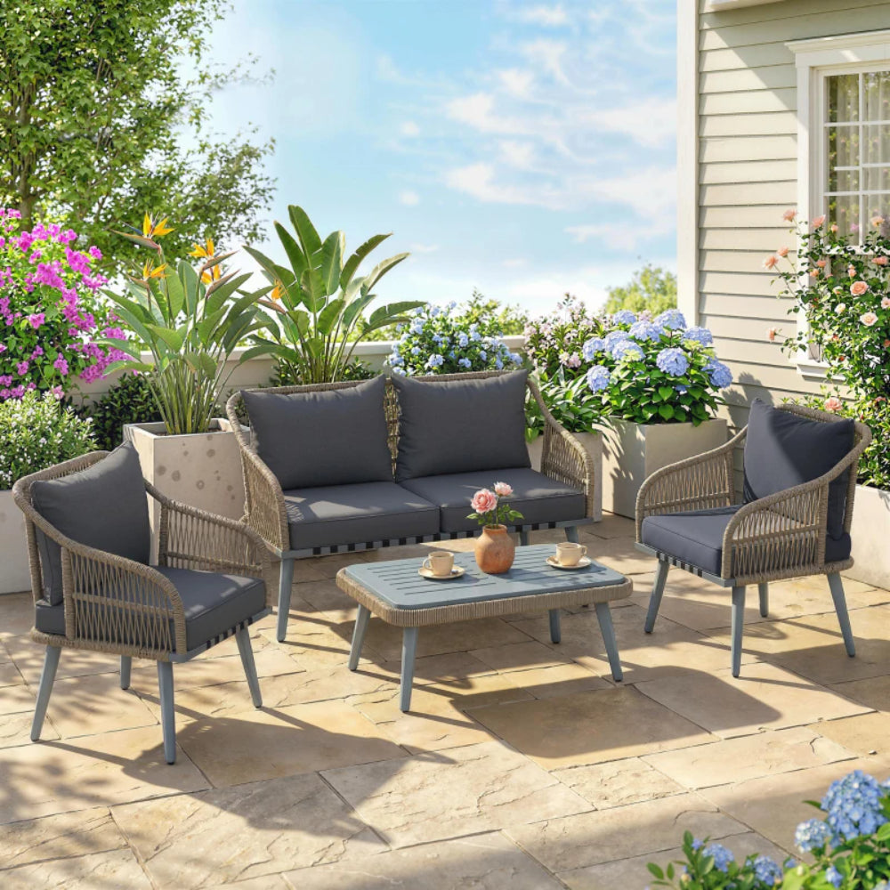 Outsunny 4 Piece Rattan Garden Furniture Set with Loveseat, Armchairs, Wood Table, Wicker Patio Conversation Set