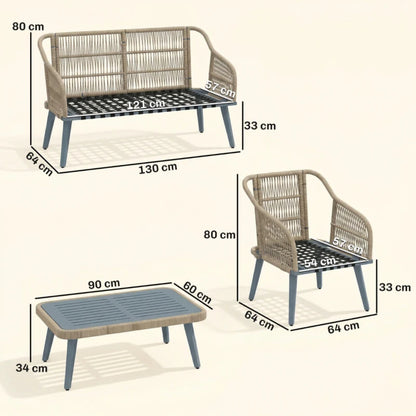 Outsunny 4 Piece Rattan Garden Furniture Set with Loveseat, Armchairs, Wood Table, Wicker Patio Conversation Set