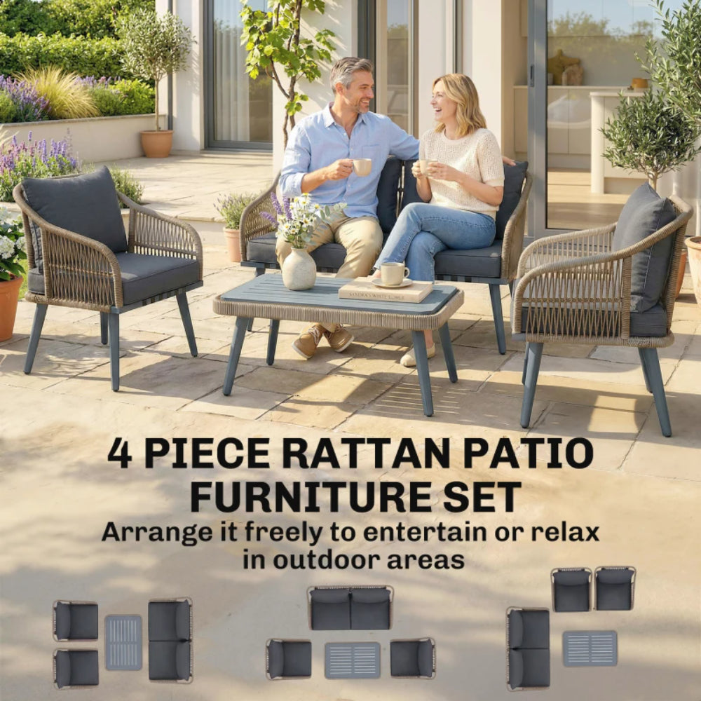 Outsunny 4 Piece Rattan Garden Furniture Set with Loveseat, Armchairs, Wood Table, Wicker Patio Conversation Set