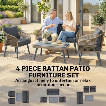 Outsunny 4 Piece Rattan Garden Furniture Set with Loveseat, Armchairs, Wood Table, Wicker Patio Conversation Set