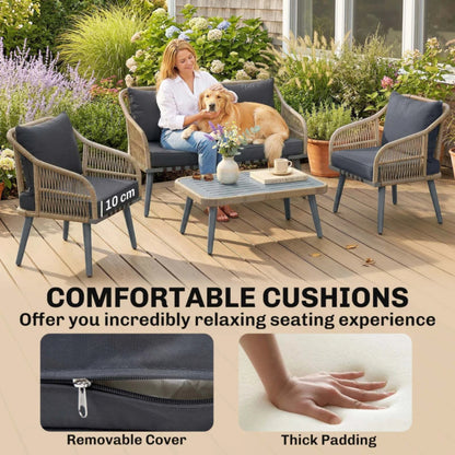 Outsunny 4 Piece Rattan Garden Furniture Set with Loveseat, Armchairs, Wood Table, Wicker Patio Conversation Set