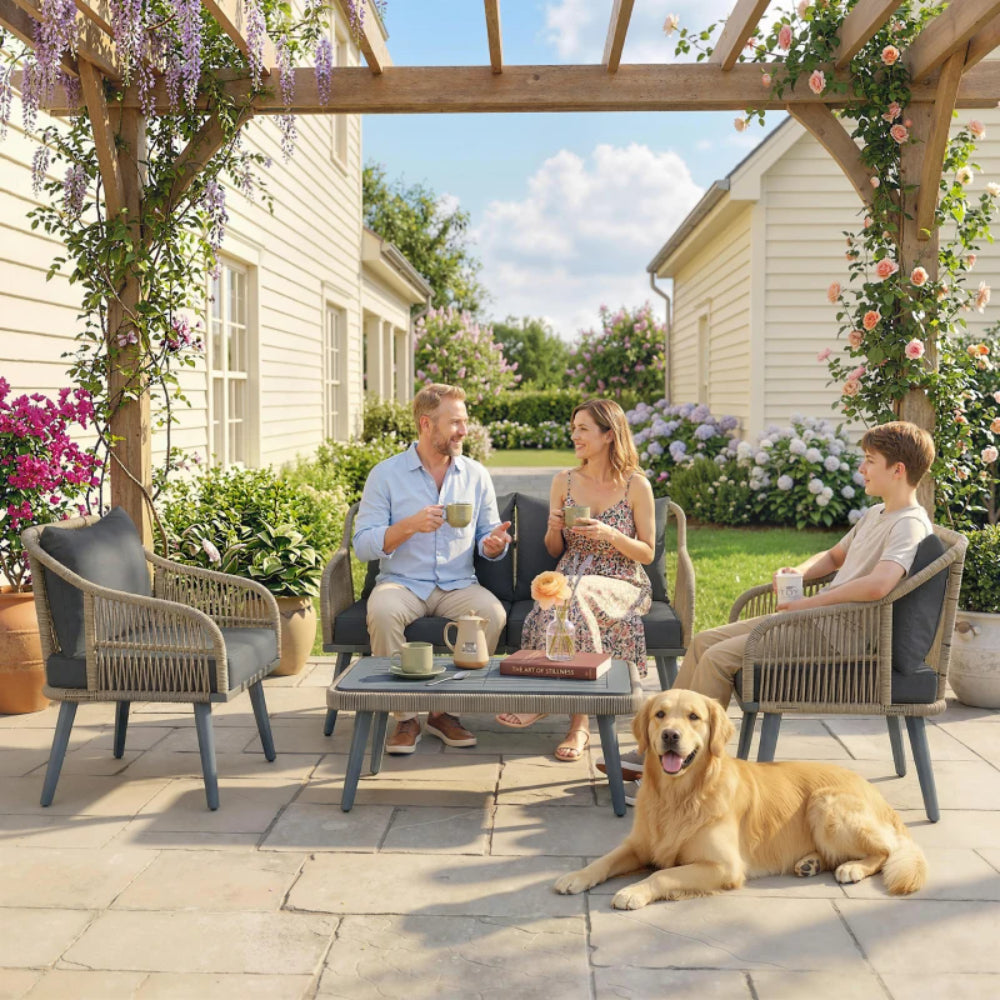 Outsunny 4 Piece Rattan Garden Furniture Set with Loveseat, Armchairs, Wood Table, Wicker Patio Conversation Set