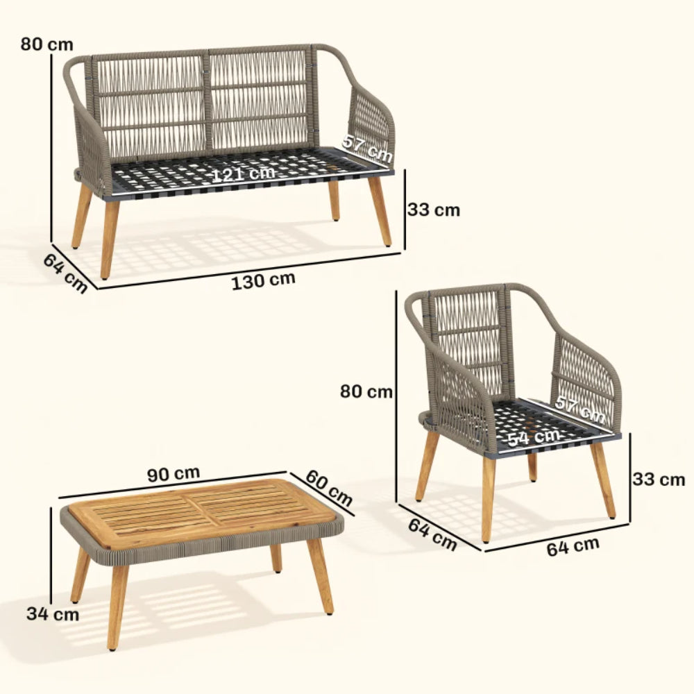 Outsunny 4 Piece Rattan Garden Furniture Set with Loveseat, Armchairs, Wood Table, Wicker Patio Conversation Set