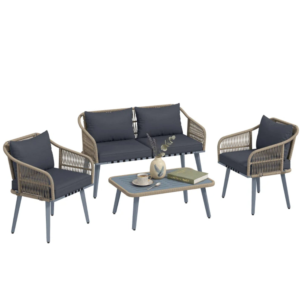Outsunny 4 Piece Rattan Garden Furniture Set with Loveseat, Armchairs, Wood Table, Wicker Patio Conversation Set
