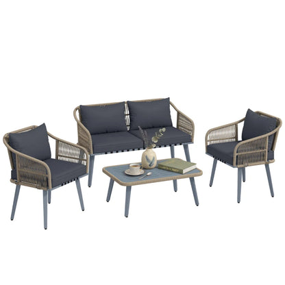 Outsunny 4 Piece Rattan Garden Furniture Set with Loveseat, Armchairs, Wood Table, Wicker Patio Conversation Set
