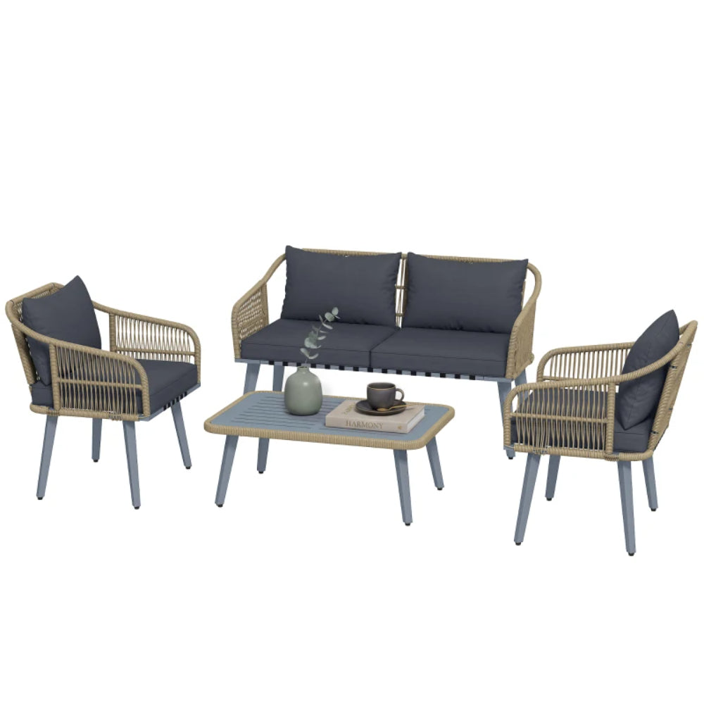 Outsunny 4 Piece Rattan Garden Furniture Set with Loveseat, Armchairs, Wood Table, Wicker Patio Conversation Set