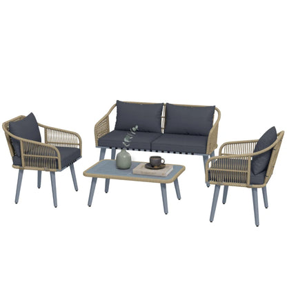 Outsunny 4 Piece Rattan Garden Furniture Set with Loveseat, Armchairs, Wood Table, Wicker Patio Conversation Set