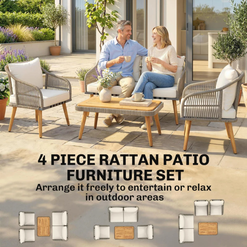 Outsunny 4 Piece Rattan Garden Furniture Set with Loveseat, Armchairs, Wood Table, Wicker Patio Conversation Set