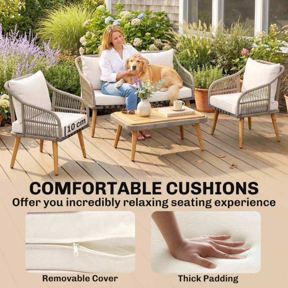 Outsunny 4 Piece Rattan Garden Furniture Set with Loveseat, Armchairs, Wood Table, Wicker Patio Conversation Set