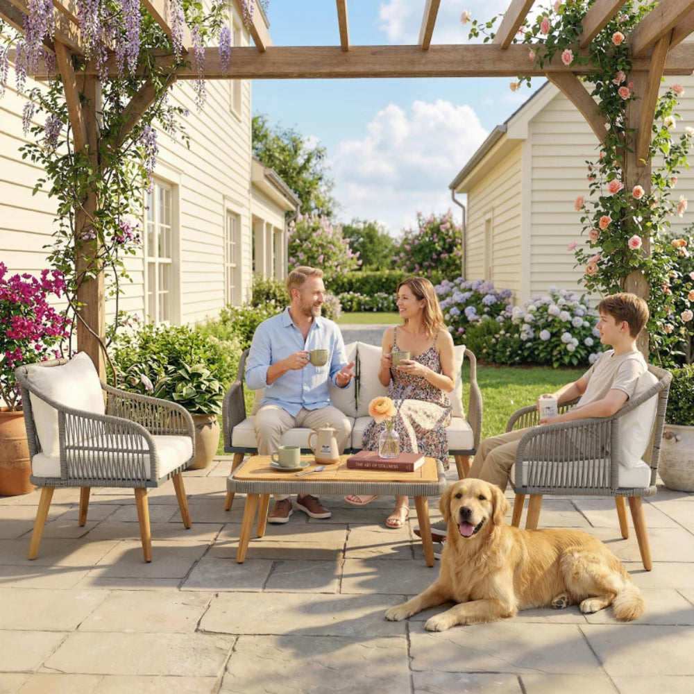 Outsunny 4 Piece Rattan Garden Furniture Set with Loveseat, Armchairs, Wood Table, Wicker Patio Conversation Set