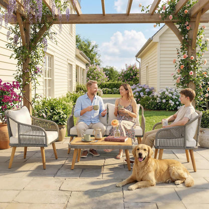 Outsunny 4 Piece Rattan Garden Furniture Set with Loveseat, Armchairs, Wood Table, Wicker Patio Conversation Set