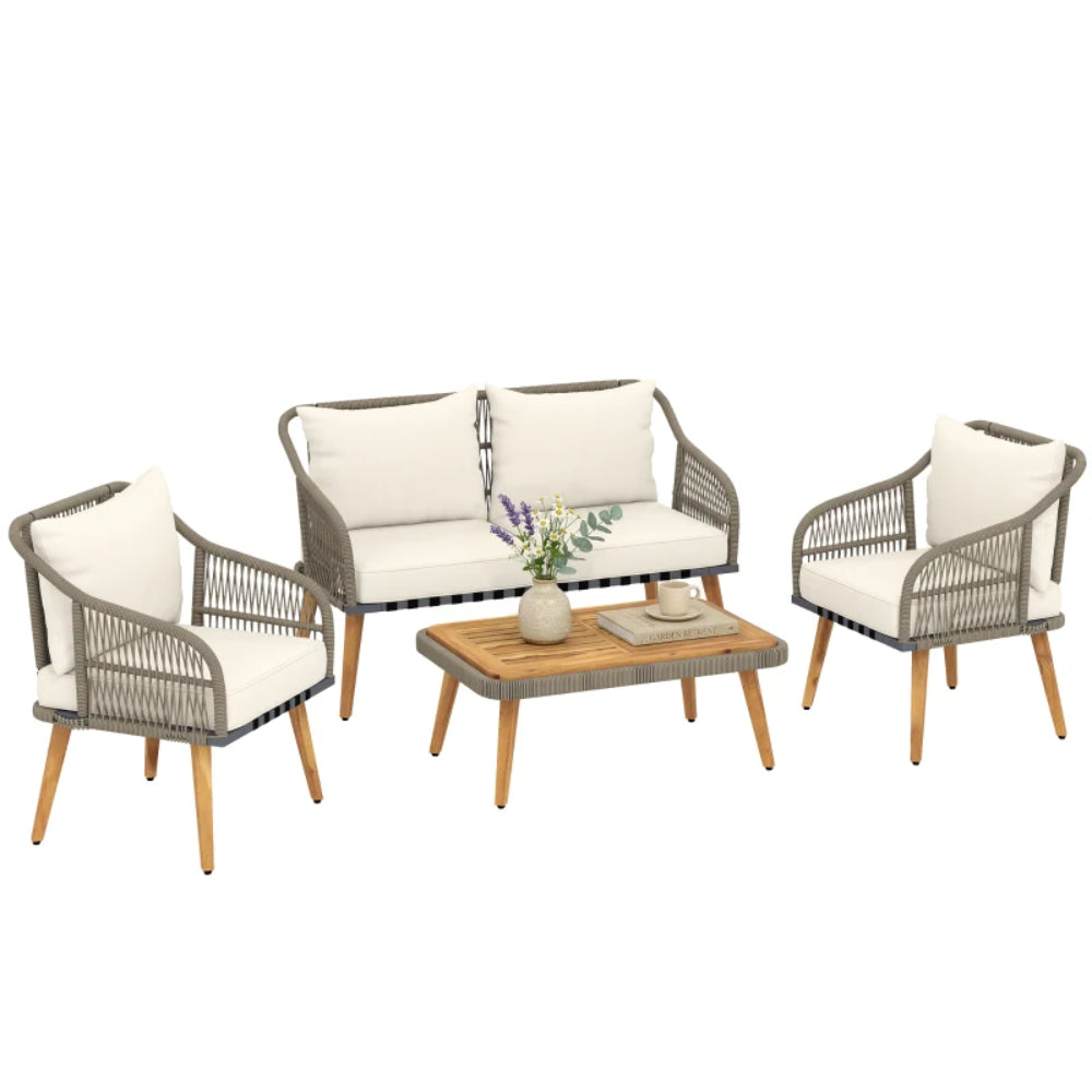 Outsunny 4 Piece Rattan Garden Furniture Set with Loveseat, Armchairs, Wood Table, Wicker Patio Conversation Set