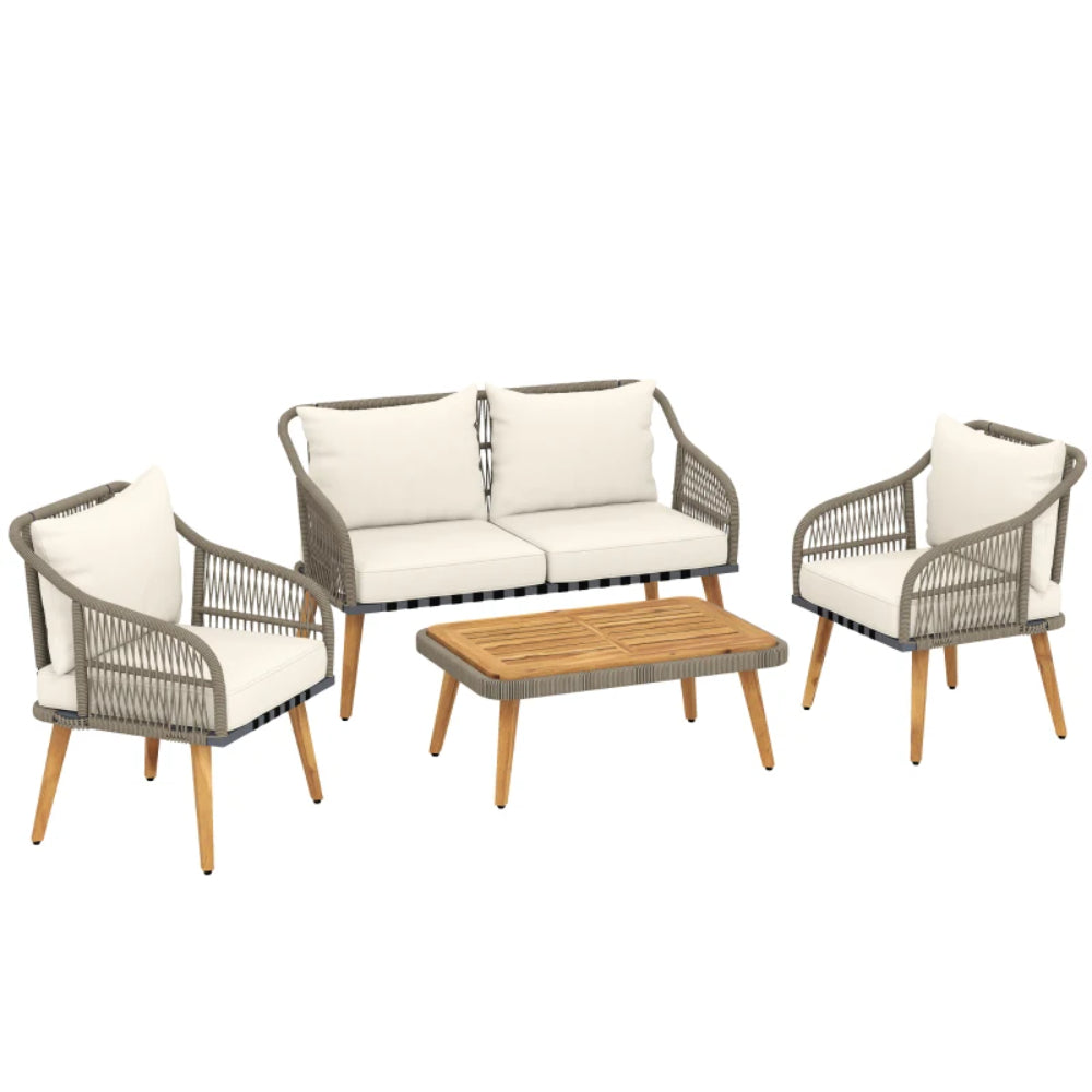 Outsunny 4 Piece Rattan Garden Furniture Set with Loveseat, Armchairs, Wood Table, Wicker Patio Conversation Set