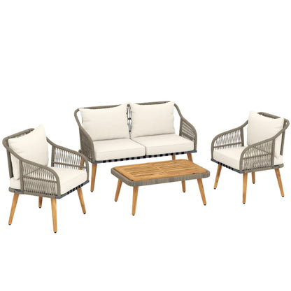 Outsunny 4 Piece Rattan Garden Furniture Set with Loveseat, Armchairs, Wood Table, Wicker Patio Conversation Set