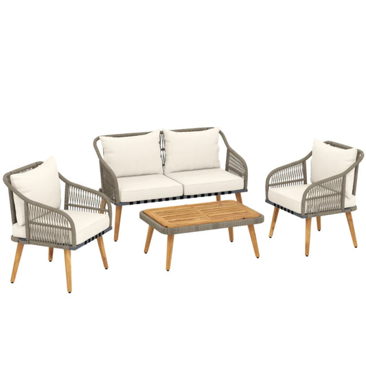 Outsunny 4 Piece Rattan Garden Furniture Set with Loveseat, Armchairs, Wood Table, Wicker Patio Conversation Set