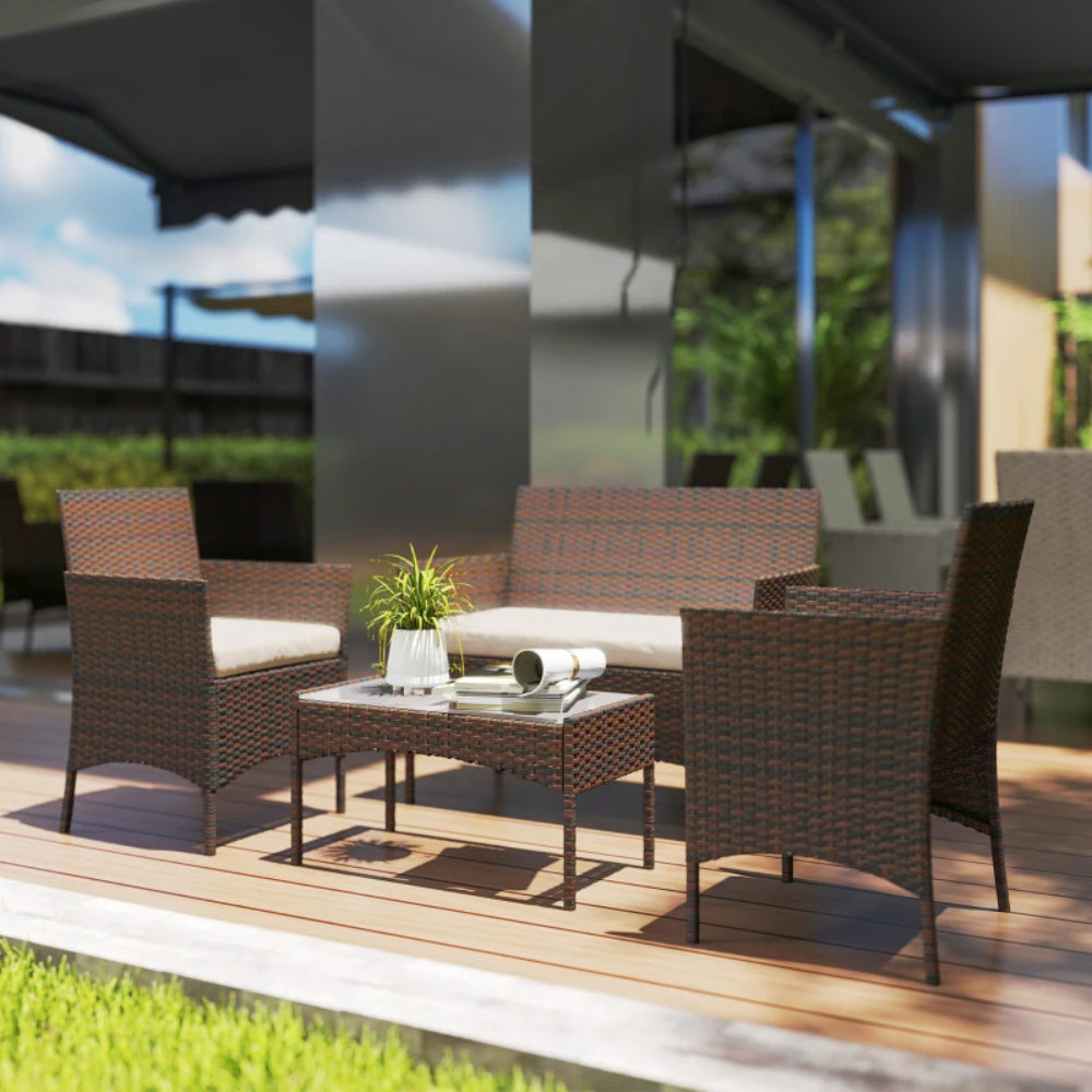 Outsunny 4 Piece Rattan Garden Furniture Sofa Set with Loveseat, Armchairs, Glass-Top Coffee Table and Cushions