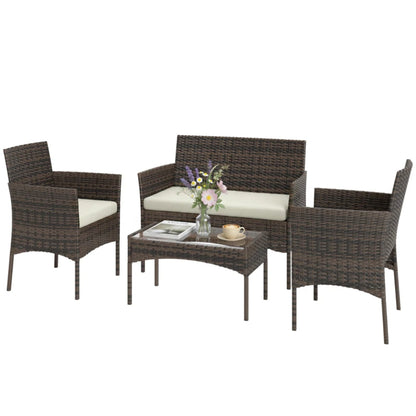 Outsunny 4 Piece Rattan Garden Furniture Sofa Set with Loveseat, Armchairs, Glass-Top Coffee Table and Cushions