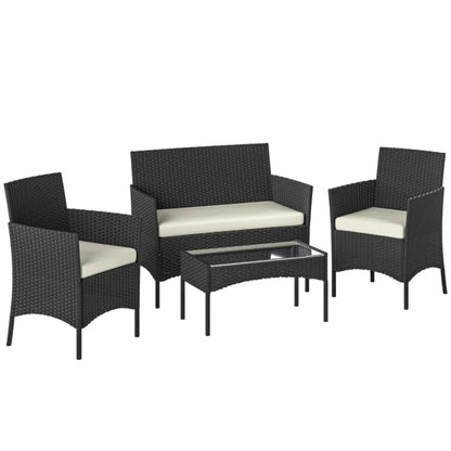 Outsunny 4 Piece Rattan Garden Furniture Sofa Set with Loveseat, Armchairs, Glass-Top Coffee Table and Cushions