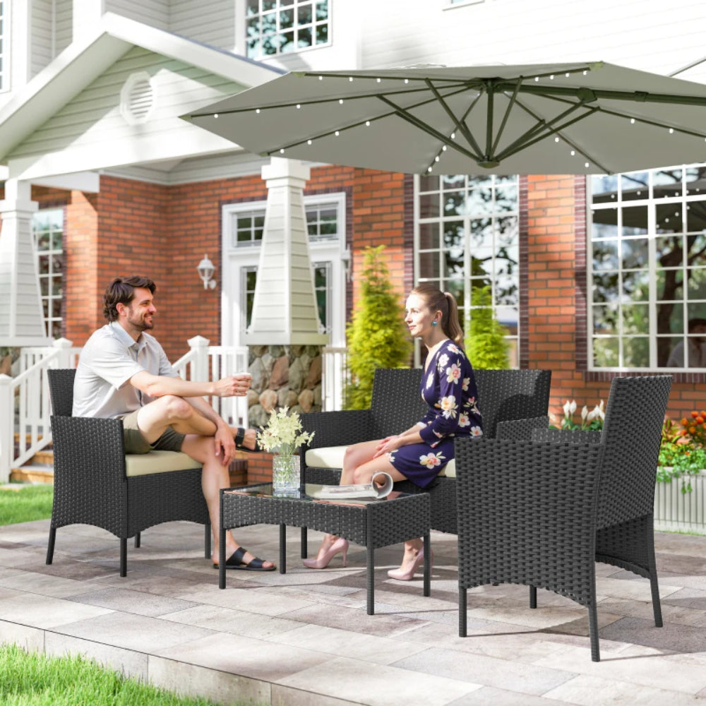 Outsunny 4 Piece Rattan Garden Furniture Sofa Set with Loveseat, Armchairs, Glass-Top Coffee Table and Cushions