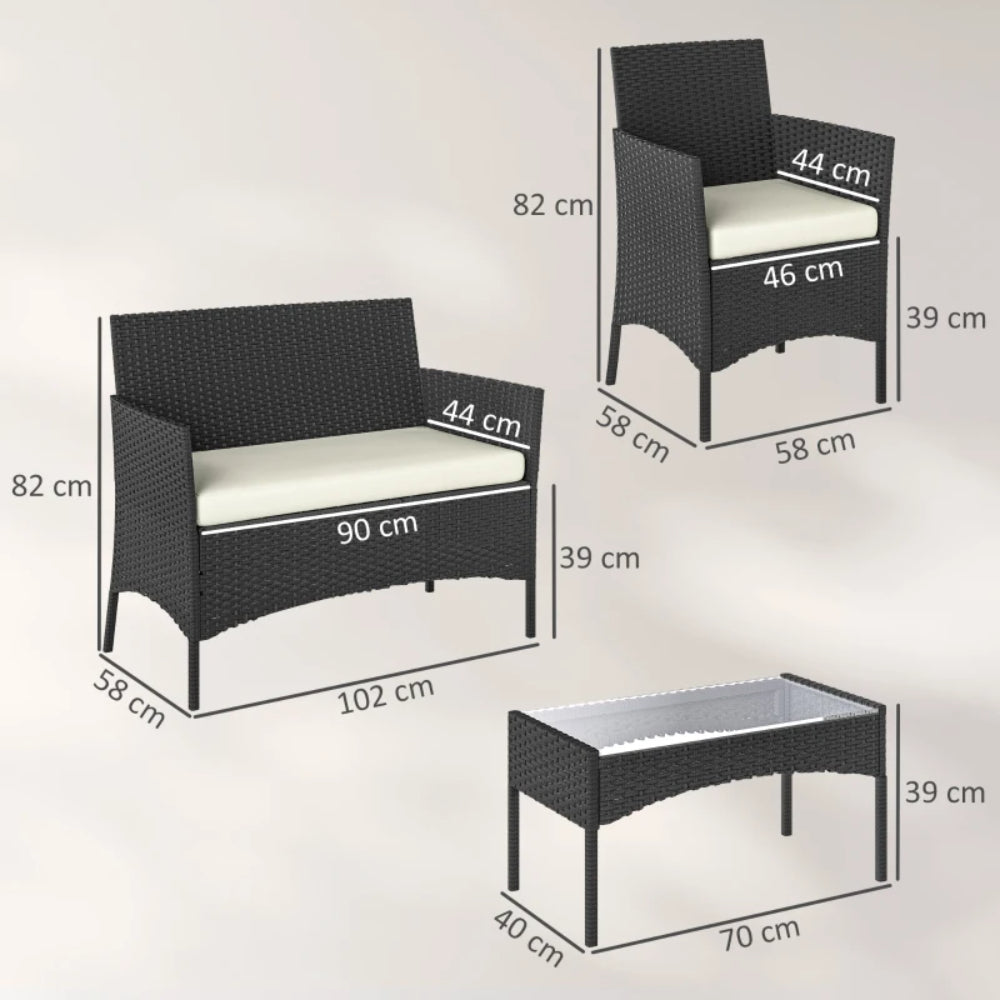 Outsunny 4 Piece Rattan Garden Furniture Sofa Set with Loveseat, Armchairs, Glass-Top Coffee Table and Cushions